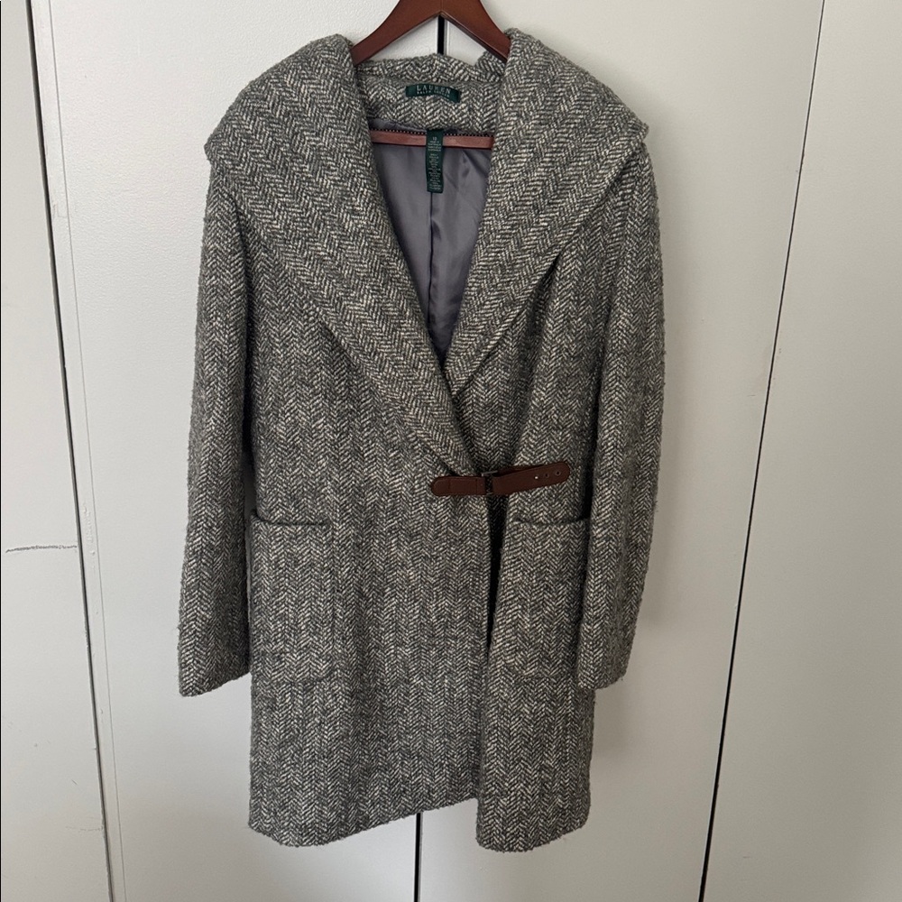 Ralph Lauren Hooded Herringbone Wool Cashmere Blend Wrap Coat Sz 10 $395 - Picture 7 of 7